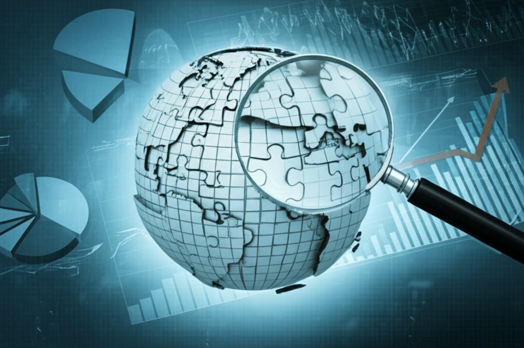 Fractured globe being pieced together with economic charts and graphs, symbolizing a critical examination of GDP metrics.
