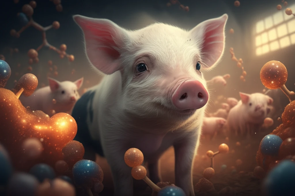 Healthy piglet with glowing tryptophan molecules