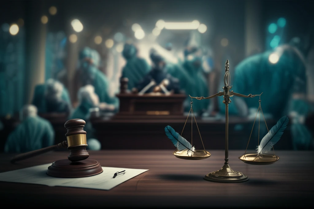 Surreal illustration of a balance scale in a courtroom, weighing medical intervention against patient autonomy.