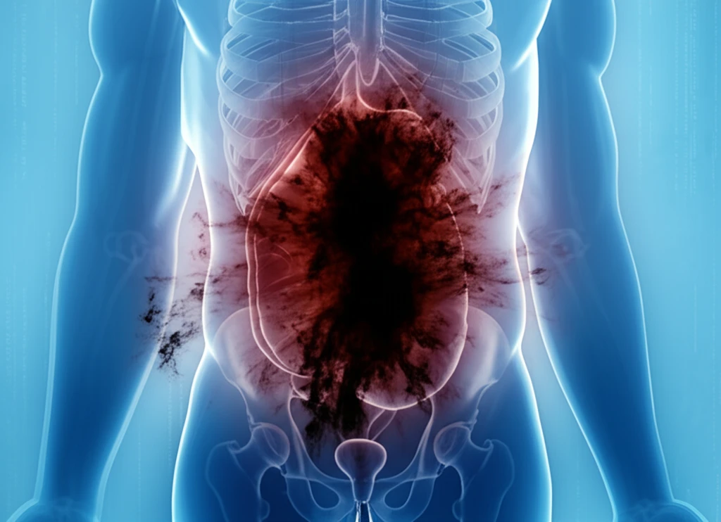 Surreal illustration of a retroperitoneal hematoma, showing a hidden bleed within a stylized human torso.