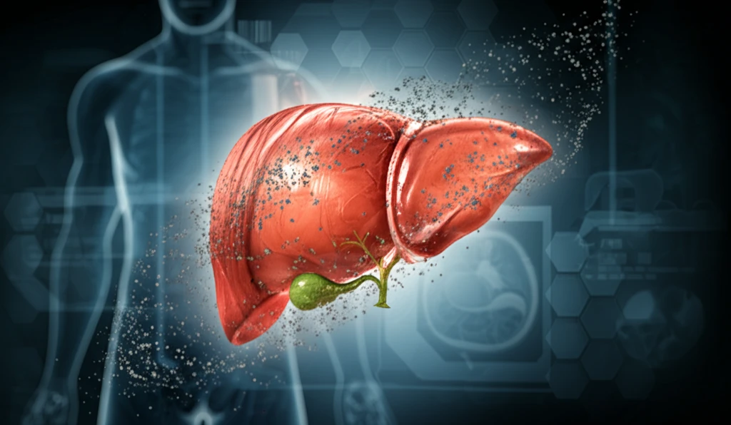 Illustration of iron particles swirling around a liver, symbolizing iron overload.