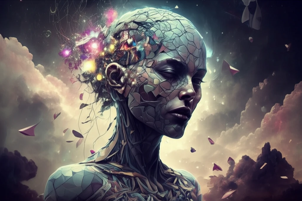 Interconnected geometric shapes of a person's head in dreamy ethereal space, illustrating visual imagery.