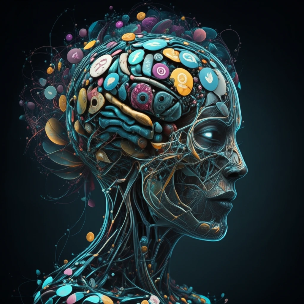 AI brain blooming from social media data stream.