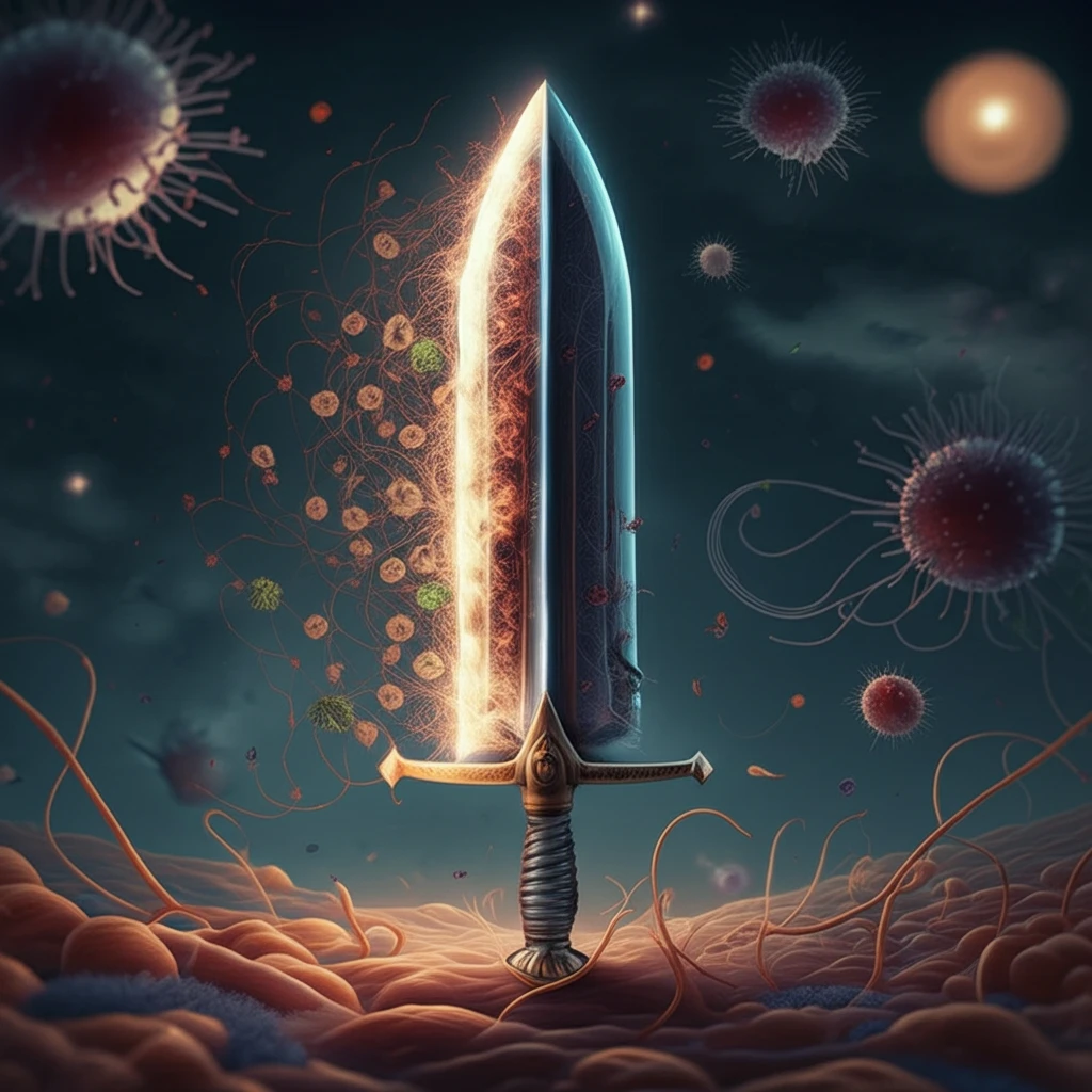 A digital illustration symbolizing the dual nature of Interferon Lambda in cancer therapy, showing both tumor-suppressing and tumor-promoting aspects.