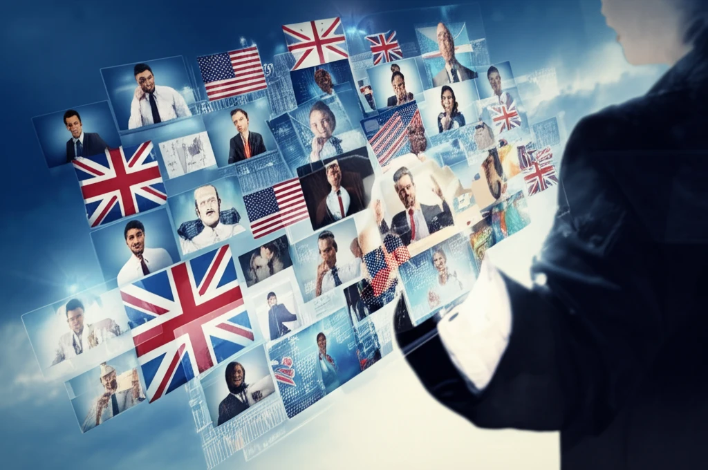 Diverse business people connect globally through digital interfaces, symbolizing intercultural communication.