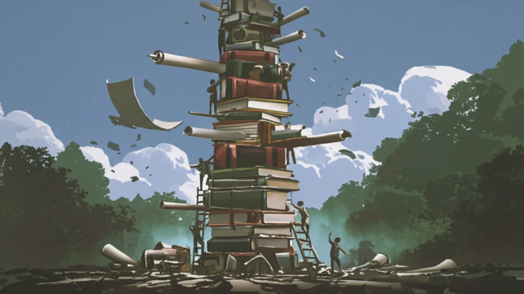 Surreal illustration of sociologists building a skyscraper of knowledge.