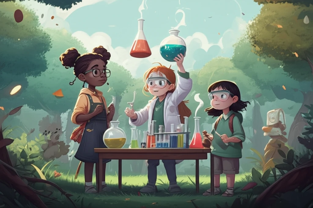 Excited children learning chemistry in a park.