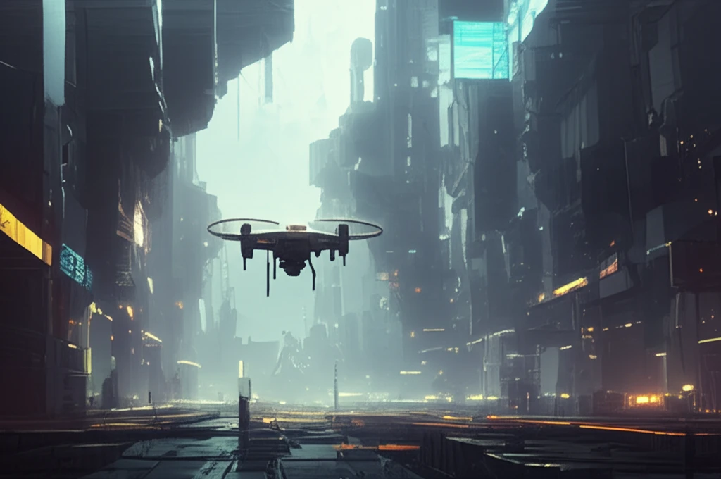 Futuristic drone equipped with GPS and IMU sensors flying through a networked city.
