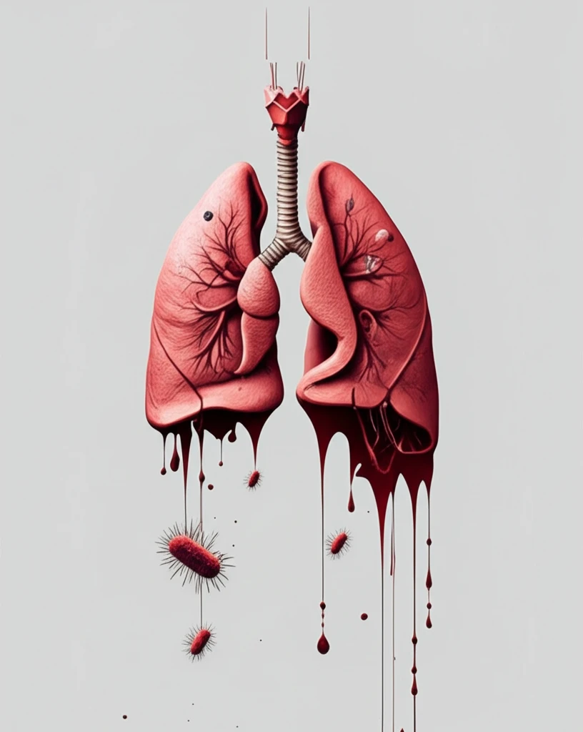 Surreal illustration of lungs with red pigment bacteria, representing Serratia pneumonia and sarcoidosis.