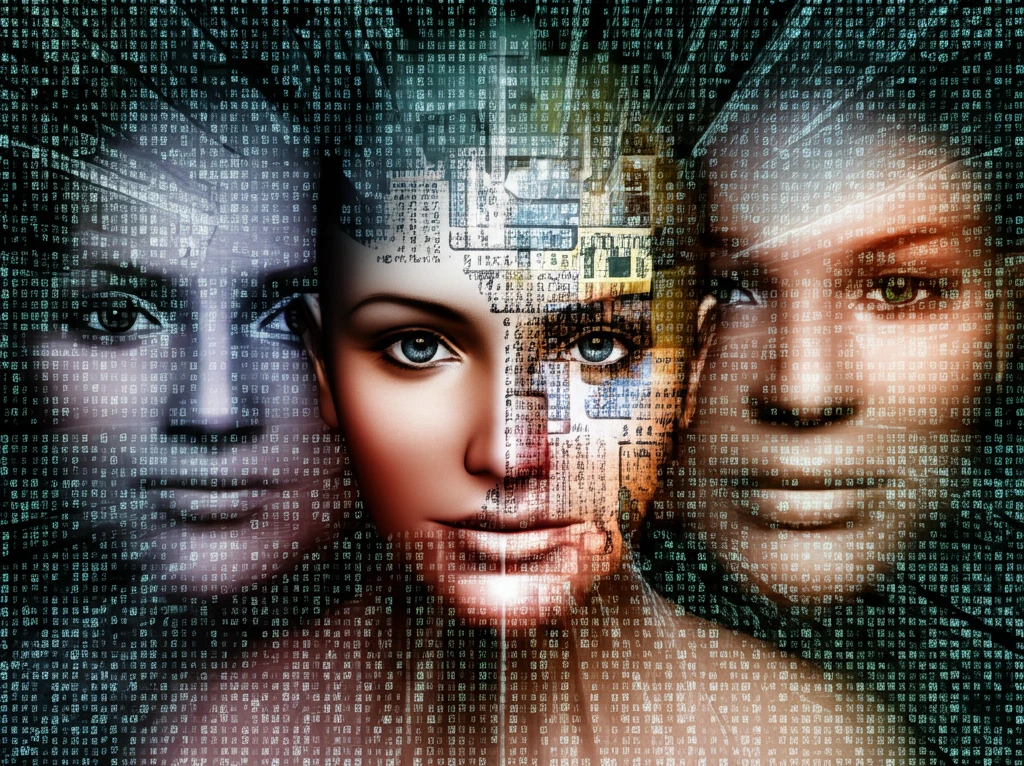 Faces blending into binary code representing face detection technology.