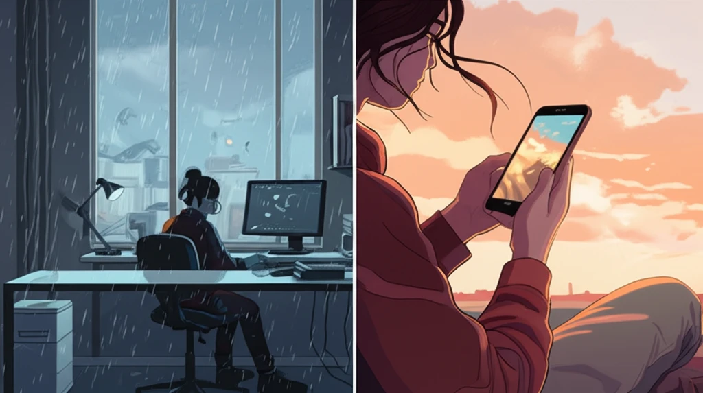 Split screen illustrating how work and weather affect online shopping habits.