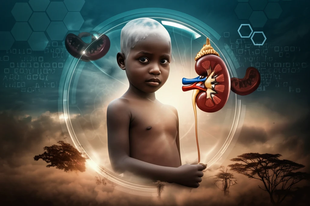 A child with sickle cell anemia protected by light, holding a healthy kidney, symbolizing early kidney care.
