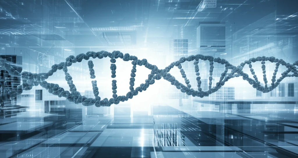 DNA strands intertwined with architectural blueprints, symbolizing genetic potential.