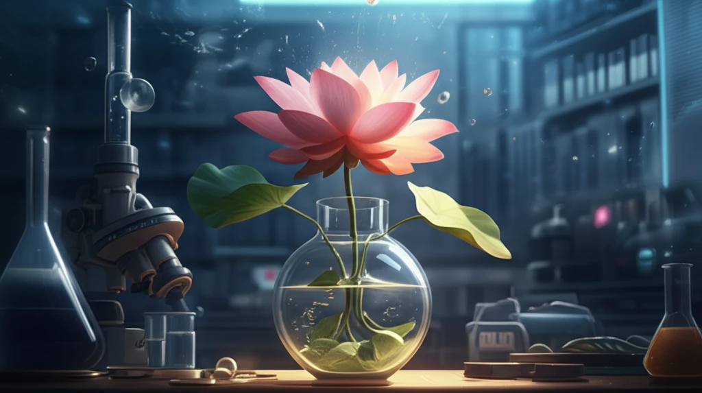 Lotus flower growing from laboratory equipment, symbolizing hope and technology in fertility.
