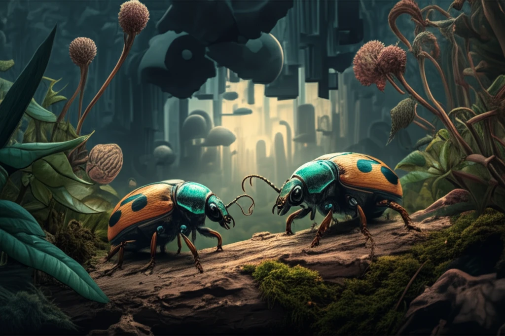 Surreal illustration of two new beetle species discovered in Hong Kong, highlighting the city's hidden biodiversity.