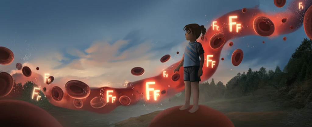 Illustration of healthy red blood cells with glowing 'F' symbols for Hemoglobin F, in a dreamlike landscape.