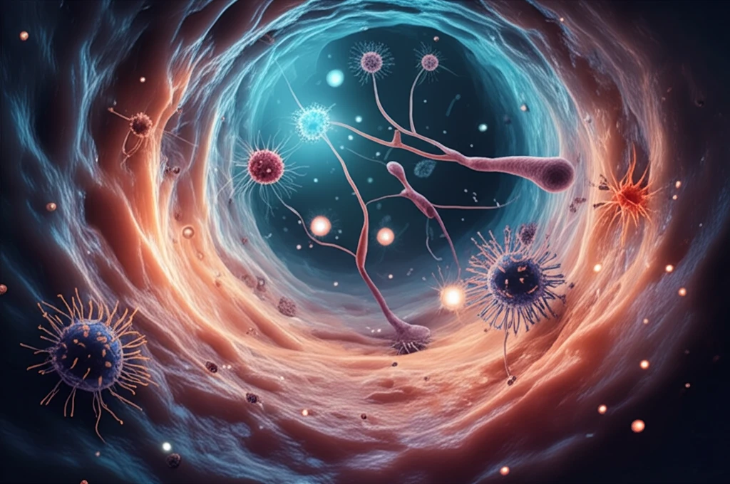 Microscopic view of neutrophils attacking mold spores in the lung, triggering cell death.