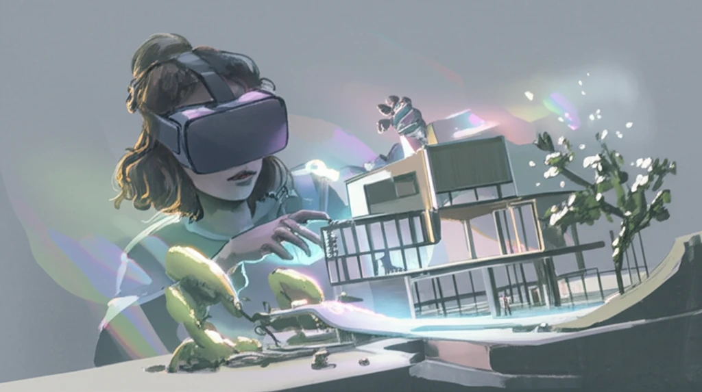 A person wearing a VR headset interacts with a physical scale model, blurring the lines between the virtual and real worlds.