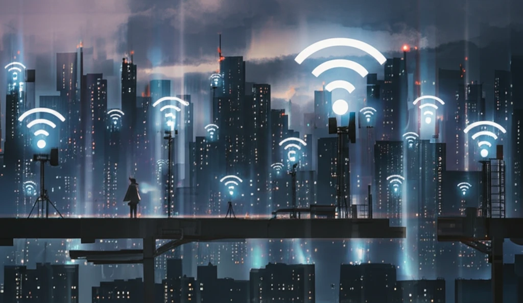 Futuristic cityscape with enhanced connectivity through metasurface antennas.