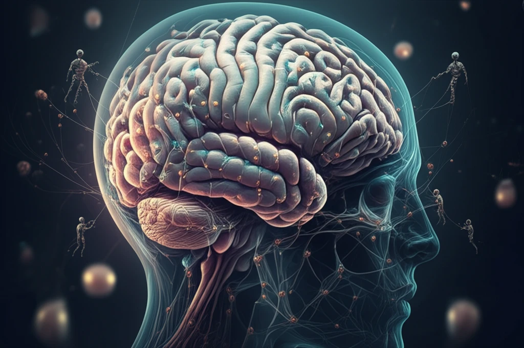 Brain with interconnected pathways being cleaned by robots, representing autophagy.