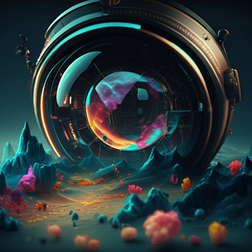 Surreal digital illustration of varifocal lens focusing on landscape.