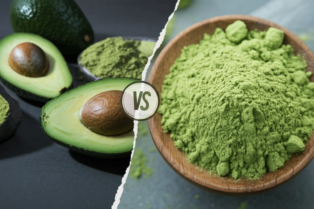 Fresh avocados versus freeze-dried avocado powder, illustrating the choice between convenience and slight nutritional differences.