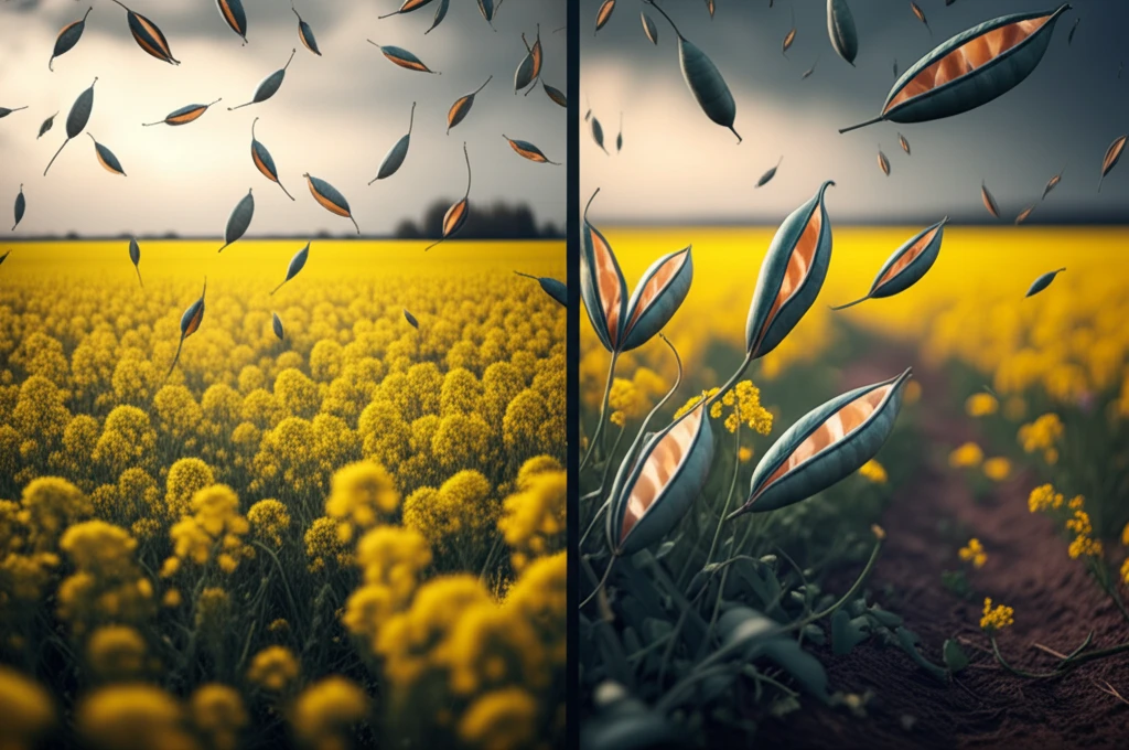 Canola field illustrating pod shatter and pod drop, highlighting their distinct characteristics.