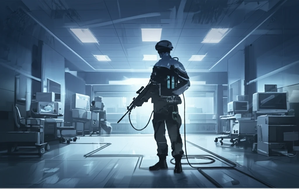 A soldier's silhouette merges into a healthcare facility, symbolizing the transition to veteran care.