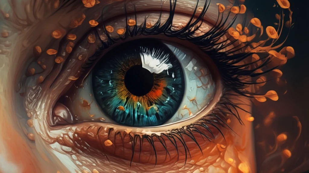 Stylized eye with recurring plant-like growths symbolizing conjunctival papilloma fading in light.