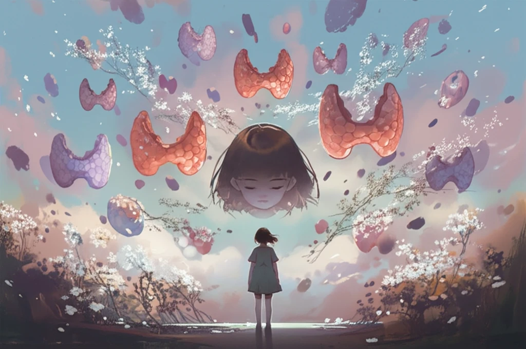Surreal illustration of early puberty and thyroid connection
