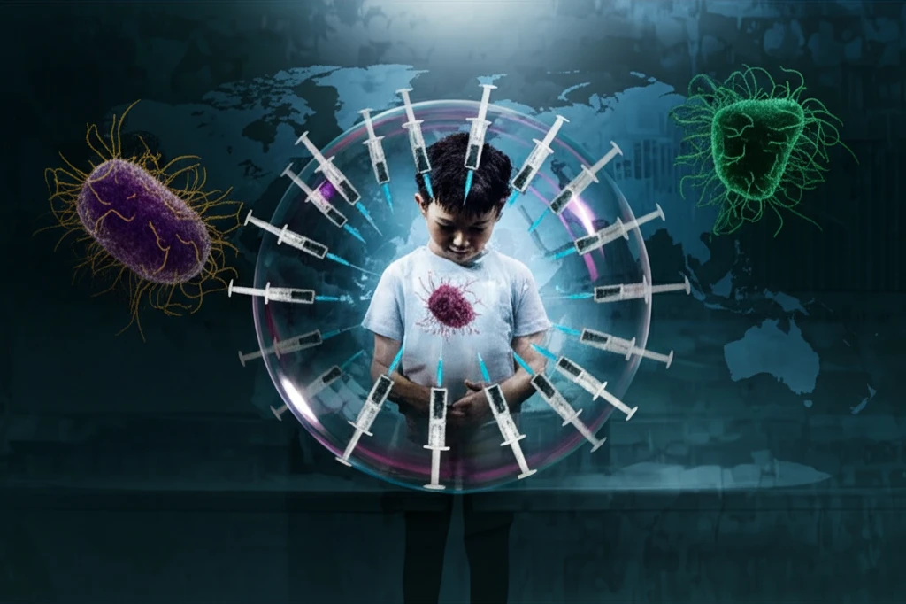 Protective bubble of vaccines shielding a child from pertussis.