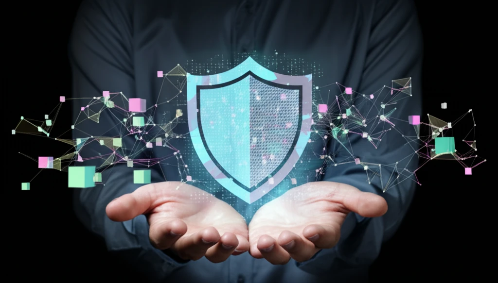Protective shield encompassing data points, symbolizing data privacy.