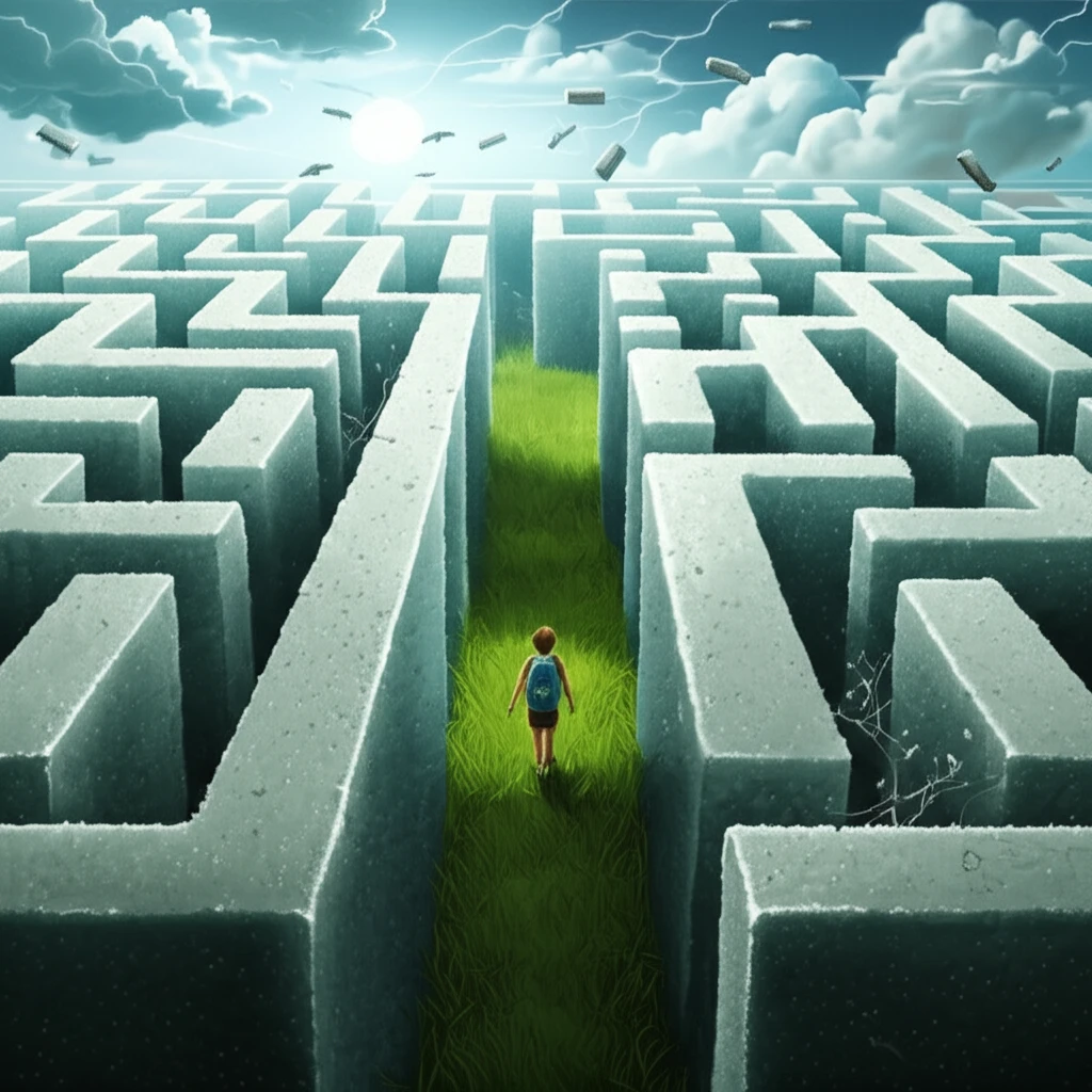 A maze of sugar cubes symbolizing insulin resistance, leading to a path of health.