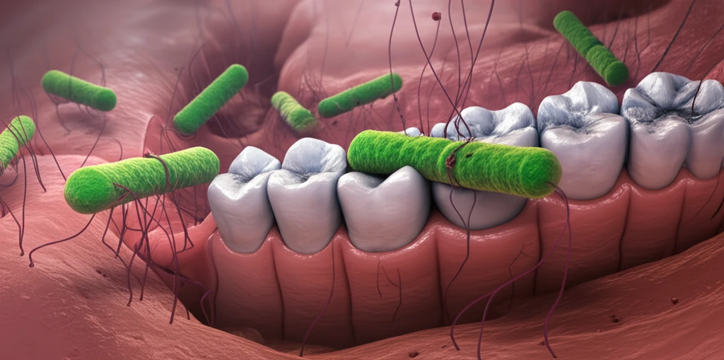 Microscopic view of bacteria colonies within gums, symbolizing aggressive periodontitis.