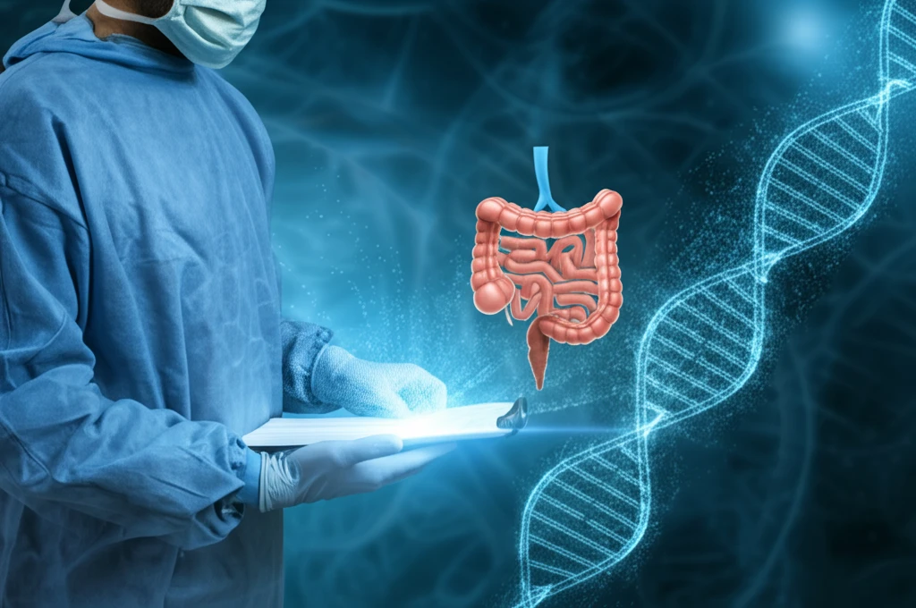 A surreal illustration representing innovative rectal cancer treatment with neoadjuvant therapy and potential for non-surgical approaches.