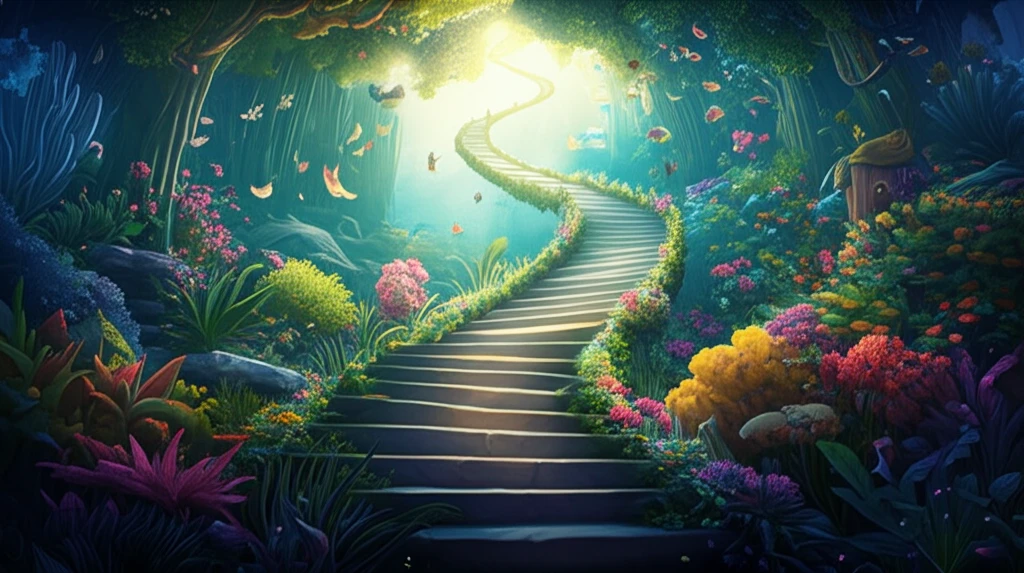 DNA staircase leading to diverse nature scene representing new concept of evolution.