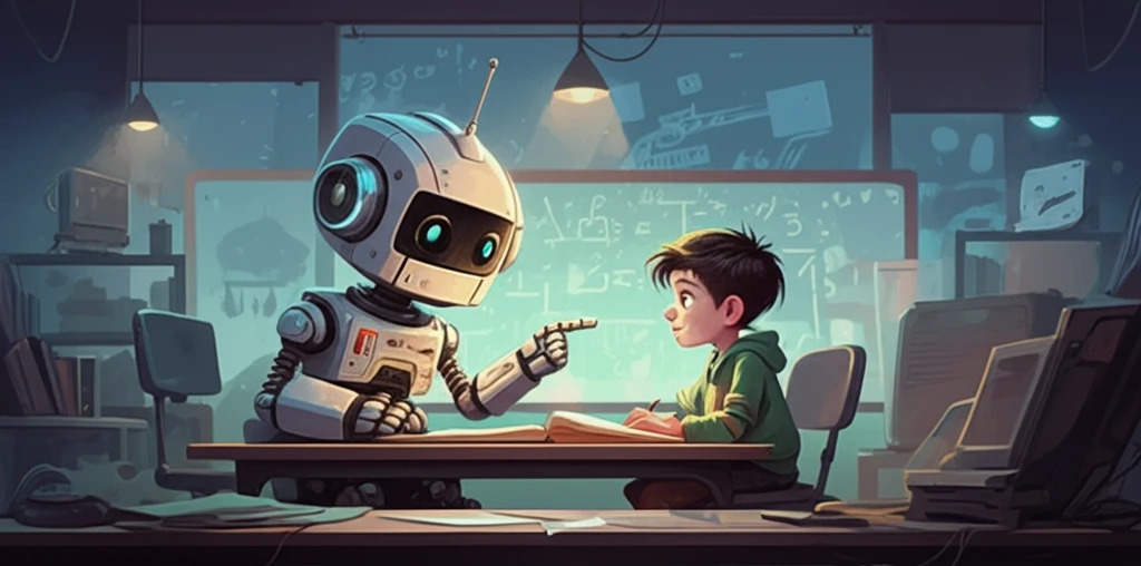 Friendly robot tutor teaching math in classroom