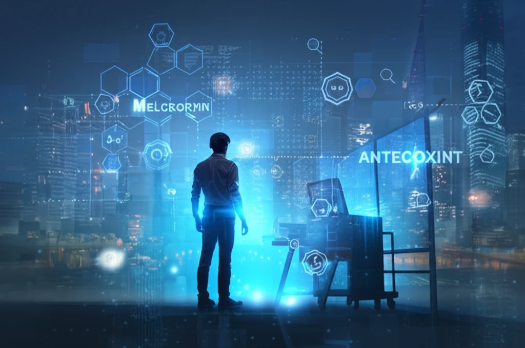 Night shift worker illuminated by blue light, enhancing antioxidants and melatonin.