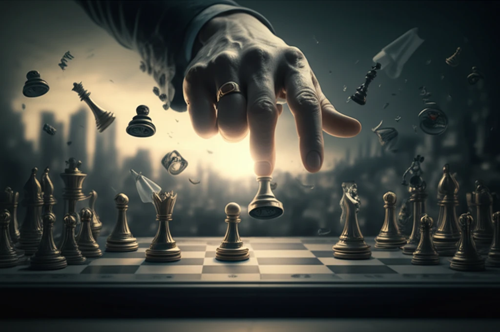 A surreal illustration of moral dilemmas represented by chess pieces, with a cityscape backdrop.