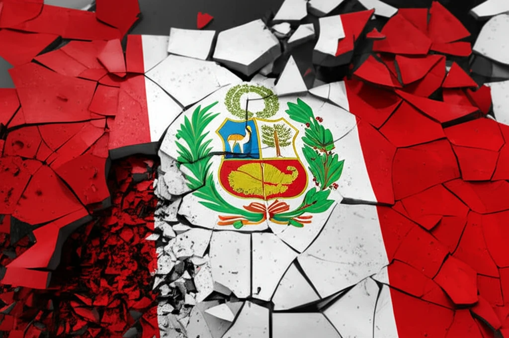 Shattered Peruvian flag symbolizing democratic collapse.