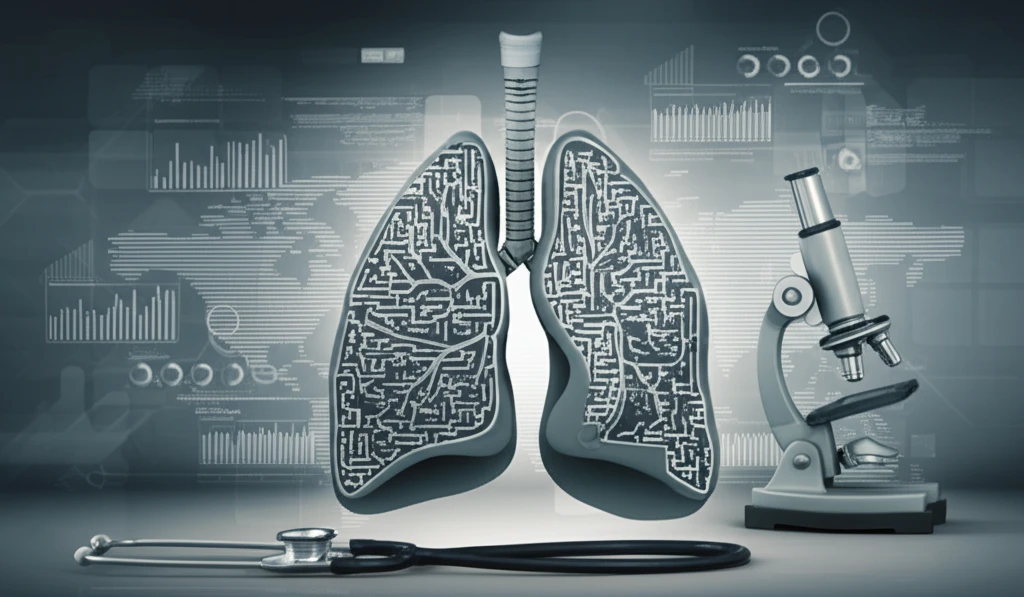 Surreal illustration of lungs intertwined in a maze, symbolizing TB diagnostic challenges.