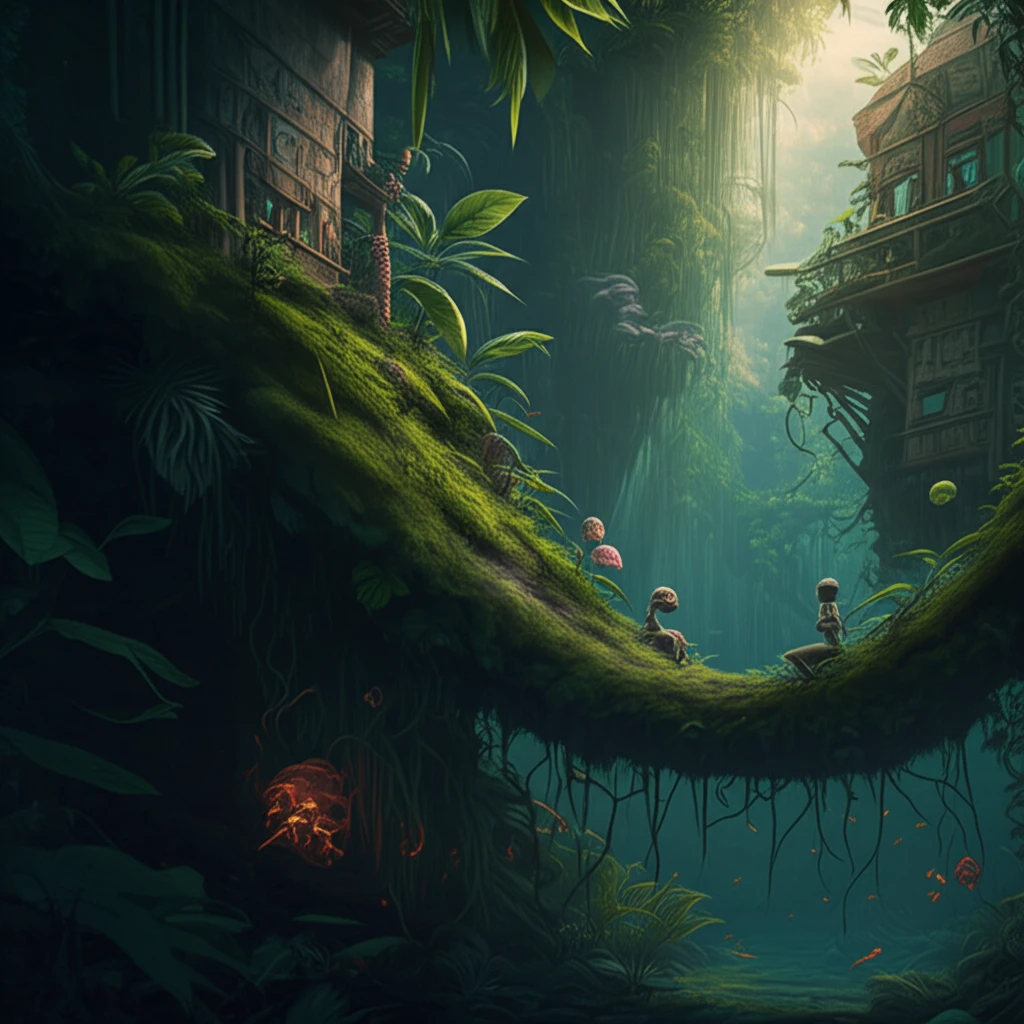 Surreal cityscape with plants cleaning polluted soil.
