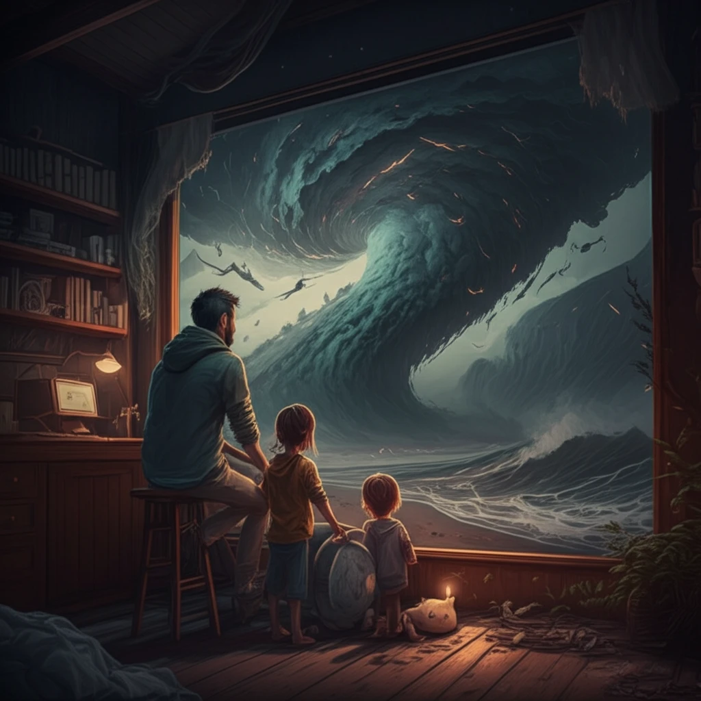 A family safely watches a hurricane from their prepared home.