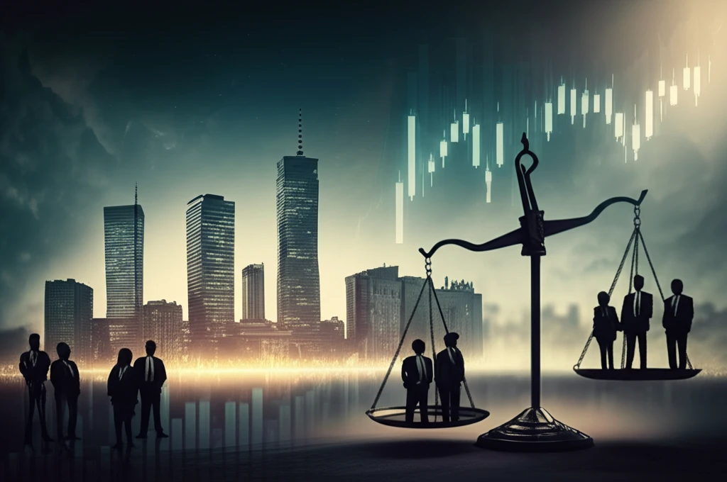 Surreal illustration of Warsaw with scales of justice symbolizing special interests influencing the city's economic graphs.