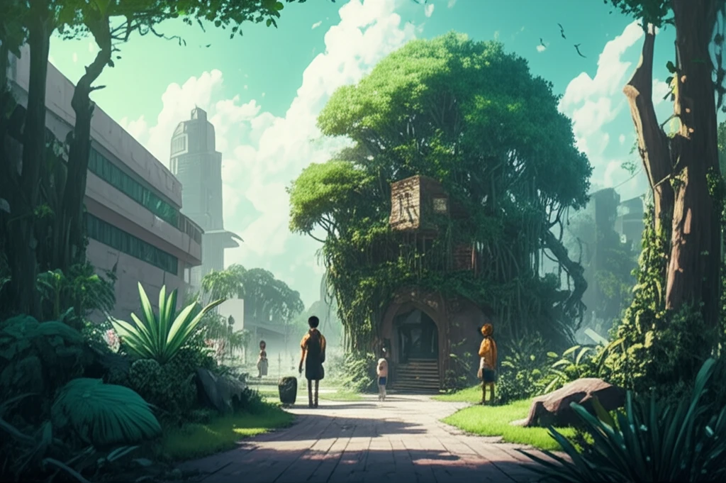 A surreal and vibrant depiction of a sustainable university campus.