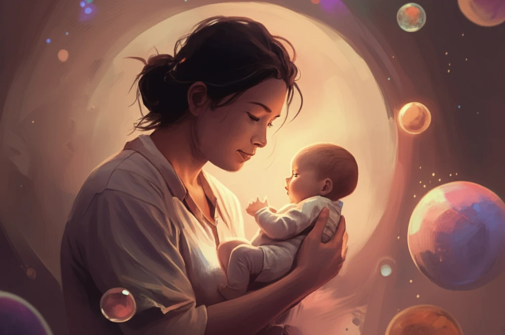 Parent holding baby with glowing orbs symbolizing emotional regulation.