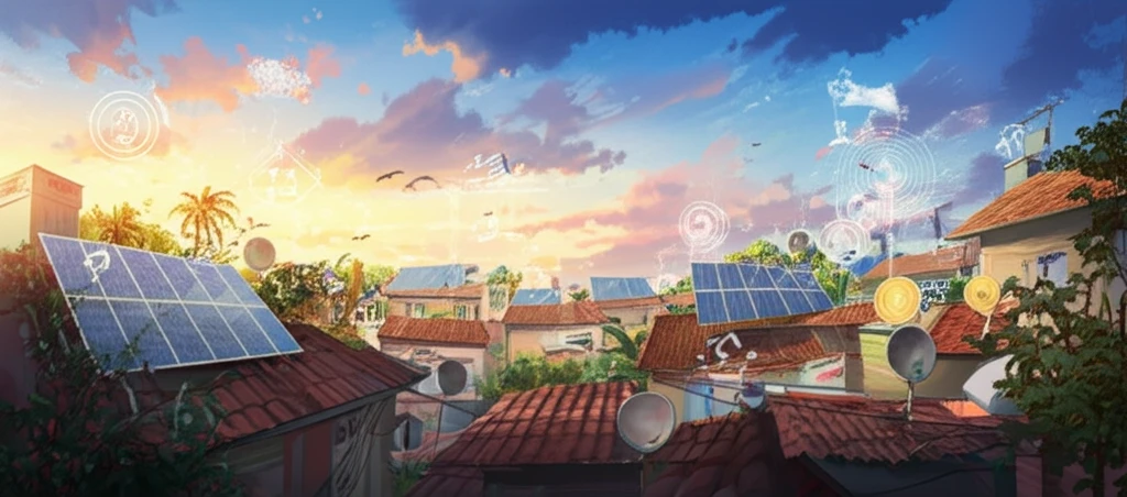 Surreal illustration of Indian neighborhood with solar panels.