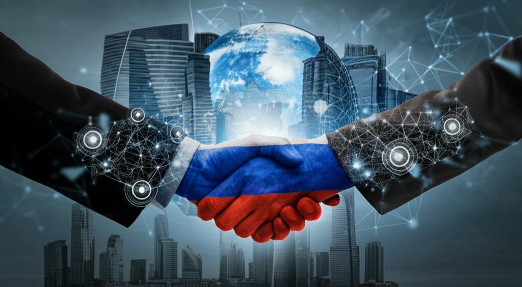 Handshake between Russian government and business symbolizes evolving economic ties.