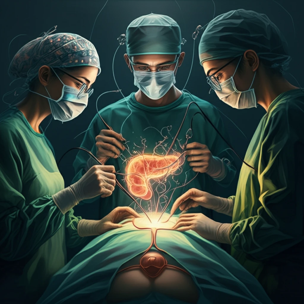 Surreal illustration of laparoscopic surgery healing a pancreas.
