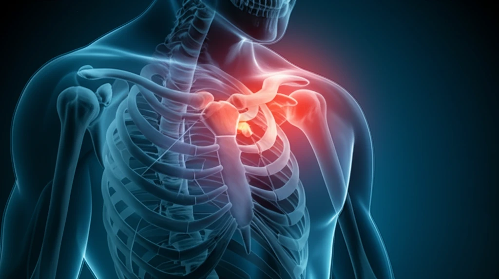 Surreal digital illustration representing the connection between shoulder dislocation and AC joint injury.